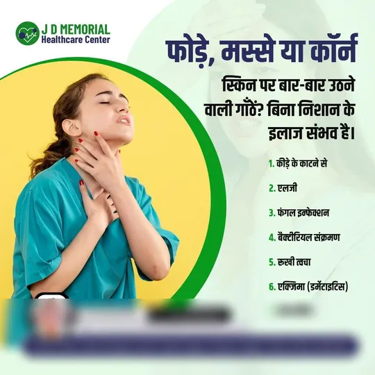 Hindi post for a homeopathy clinic on treating boils, warts and corns without surgery, with a list of skin conditions