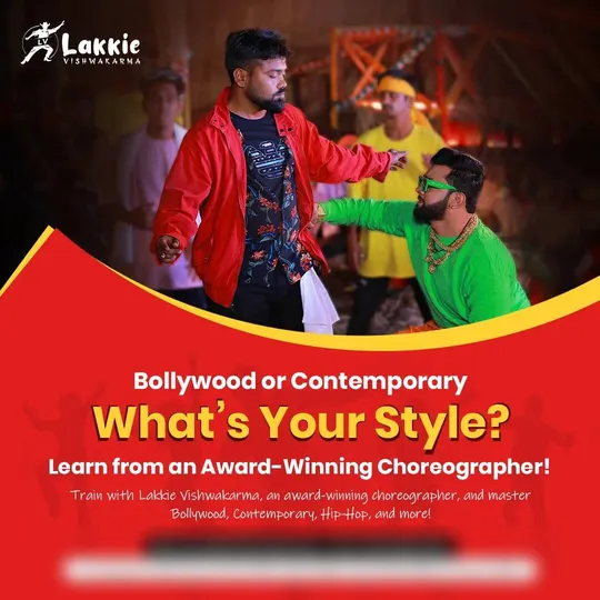 Choreographer post: “Bollywood or Contemporary — What’s your style?” on a bold red background